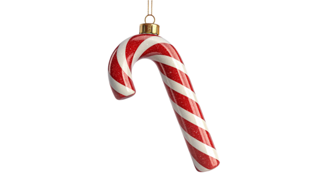 Glossy Candy Cane Christmas Ornament Isolated on Transparent Background