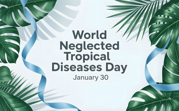 World neglected tropical diseases day january 30th with tropical leaves and blue ribbon