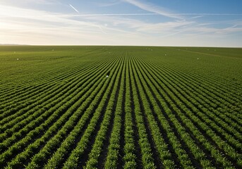 Vast cultivated fields under bright sunshine, showcasing efficient irrigation systems supporting diverse crop growth for food supply ,sunshine ,food ,irrigation