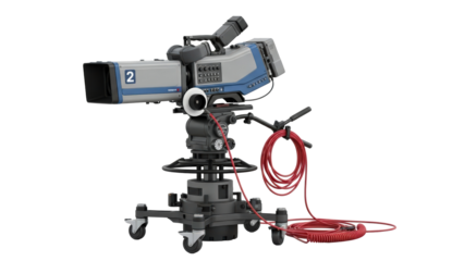 Professional broadcast television camera on a tripod isolated on transparent background