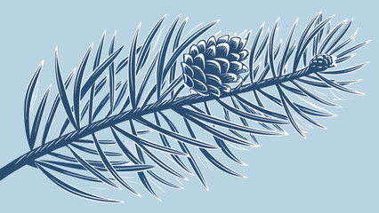 Detailed illustration of pine tree branch with pine cone and needles for christmas and winter season design