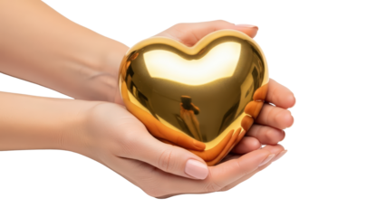 Golden heart held in cupped hands isolated on transparent background