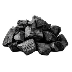 Fototapeta premium Pile of charcoal briquettes, ready for grilling, barbecue, or campfire cooking under the summer sun, capturing rustic and earthy aesthetic