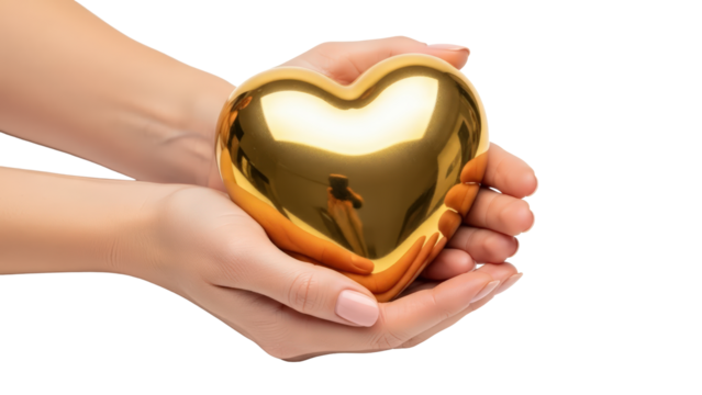 Golden heart held in cupped hands isolated on transparent background - Powered by Adobe