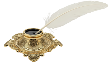 Antique ornate golden inkwell with white feather quill isolated on transparent background