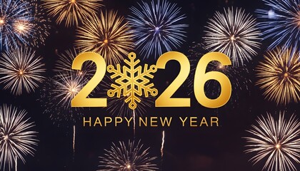 Happy new year 2026 celebration with fireworks and golden snowflake