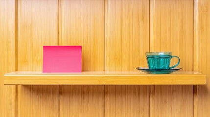 A pink sticky note and a teal teacup rest on a wooden shelf against a wooden background, creating a minimalist and clean composition.