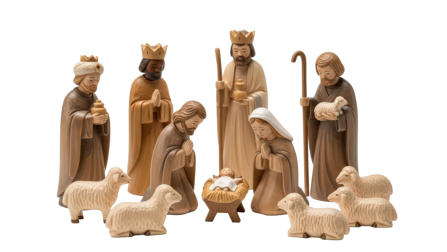 Nativity scene figures of mary joseph and wise men isolated on transparent background