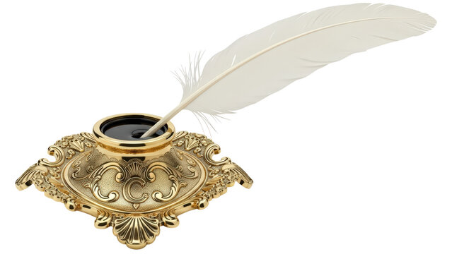 Antique ornate golden inkwell with white feather quill isolated on transparent background - Powered by Adobe