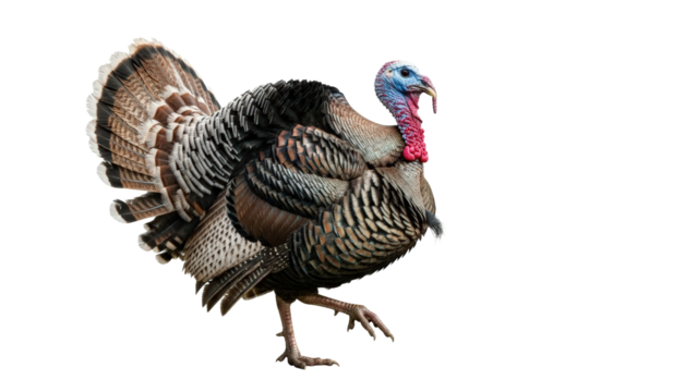 Male wild turkey strutting with feathers fanned out isolated on transparent background