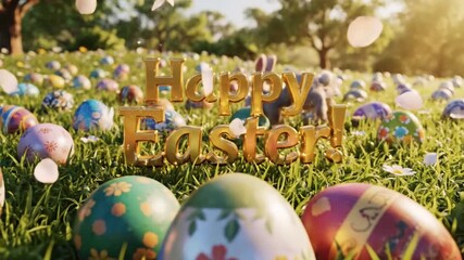 A vibrant spring meadow filled with colorful decorated Easter eggs and bunnies, with golden festive text celebrating the holiday