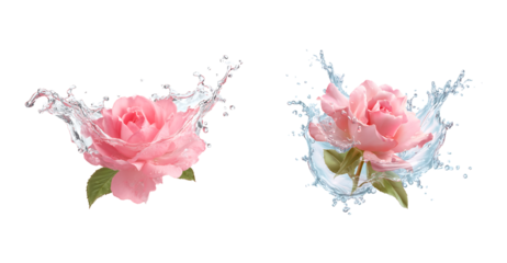 Beautiful Pink Rose Flower Surrounded by a Refreshing Water Splash on a transparent background