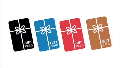 Four gift cards in black blue red and brown with white ribbon design present shopping
