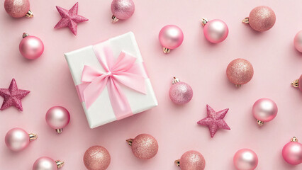 Decorative gift box surrounded by pink ornaments and stars on a light pink background for a festive celebration