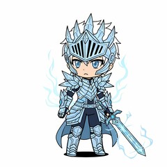 Fototapeta premium Chibi ice knight cartoon character with intricate armor and sword