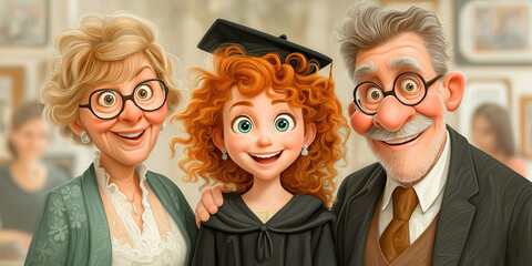 3D animation of parents joyfully celebrating their child&rsquo;s graduation, sharing pride, happiness, and heartfelt congratulations on this special day