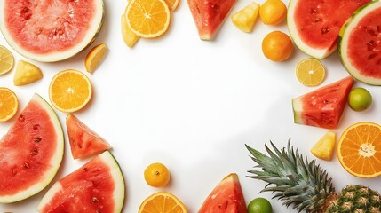 Naklejka premium Vibrant summer fruit composition featuring watermelon, orange, lime, and pineapple arranged around a clean white space for fresh seasonal food design