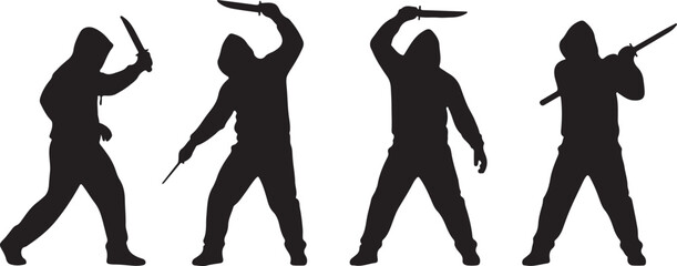 Silhouette sequence of hooded figure with knife in attack pose