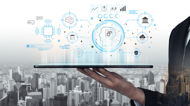 An advanced AI system for business and financial analysis. A futuristic interface for commanding an AI to process data from various domains. Motif - Powered by Adobe