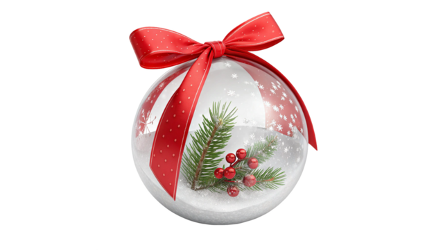 Christmas Snow Globe Ornament with Pine Branch Berries and Red Bow Isolated on Transparent Background