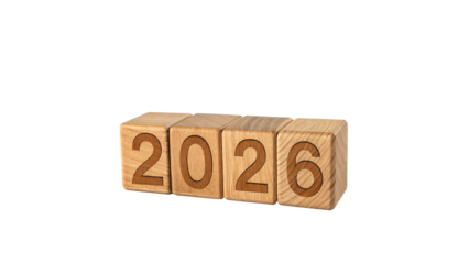 Wooden Cubes with Year 2026 Number Isolated on Transparent Background