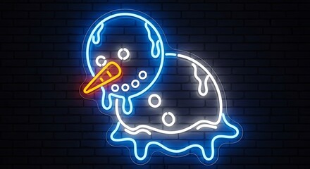 Melting snowman neon sign illuminates a dark brick wall with vibrant blue and orange glow