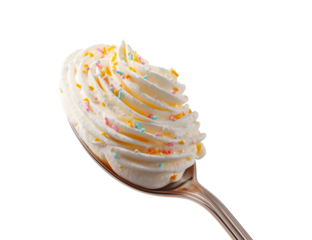 Decadent Whipped Cream Swirl with Colorful Sprinkles on a Spoon on a transparent background