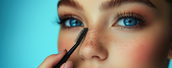 Beautiful young woman applies mascara, brushing her lashes to make them look long and elegant, enhancing her captivating eyes