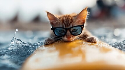 A cute ginger kitten wearing sunglasses is surfing on a yellow surfboard in the water. The image is taken on a sunny day.