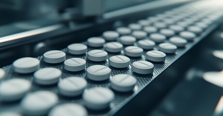 Rows of white round pharmaceutical pills moving along a conveyor belt in a modern sterile manufacturing facility for medicine production