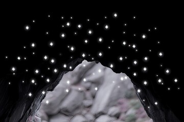 A cave opening reveals a night sky filled with glowing stars. The scene has a dreamy and mysterious atmosphere.