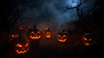 Eerie Halloween night landscape filled with glowing carved pumpkins, dense fog, twisted trees, and a dark atmospheric mood creating a haunting seasonal scene
