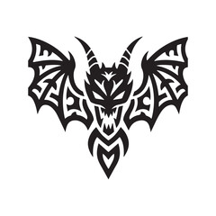 Tribal Tattoo Style Demon Bat with Horns and Elaborate Wing Patterns.