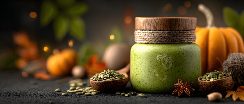 Vibrant photo of pumpkin hemp seed butter jar mockup. Vivid image gourd cannabis kernel spread container display simulated product packaging concept nourishment theme brilliant