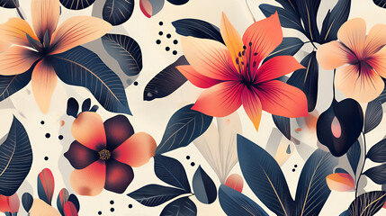 Floral pattern with orange and peach flowers and dark blue leaves on a light beige background
