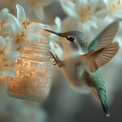 Fototapeta premium Tiny hummingbird sips nectar from a glass jar among blossoms