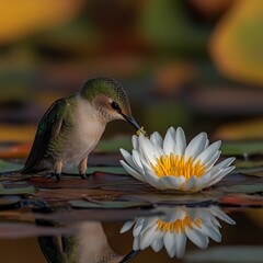 Fototapeta premium Tiny hummingbird sipping nectar from a white water lily