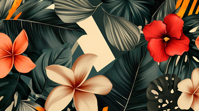 Vibrant floral pattern featuring hibiscus and plumeria flowers with tropical leaf background art - Powered by Adobe