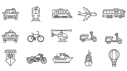 Collection of transportation line icons including car, train, airplane, and hot air balloon.