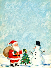 작은 트리를 장식하는 산타와 눈사람 빈티지 크리스마스 일러스트