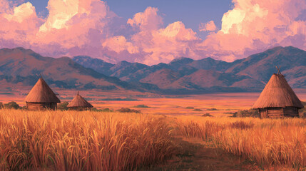 Golden rice field landscape during harvest with colorful clouds