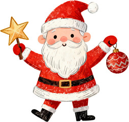 별과 크리스마스 오너먼트를 들고 있는 귀여운 산타 일러스트