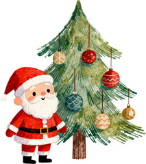 작은 산타가 크리스마스트리를 장식하는 귀여운 일러스트