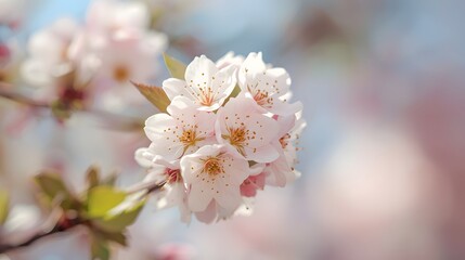 Obraz premium Soft pink cherry blossom cluster blooming on a delicate branch in gentle spring light, creating a serene pastel floral scene with dreamy natural atmosphere