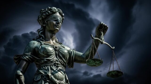 Dramatic Lady Justice statue against stormy sky, symbolizing law, judgment and moral balance and
