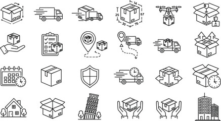 Shipping and delivery icon set, logistics and transportation symbol collection, e-commerce graphics, black white vector, cad drawing flat vector illustration