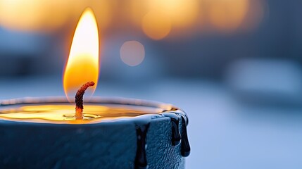 Close-up of a burning candle with a bright flame, wax dripping down the side, and a soft, blurred background.