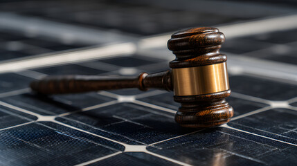 Conceptual image of justice and renewable energy with a gavel and solar panels.