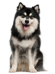 Finnish Lapphund, 1 year old, sitting in front of white background