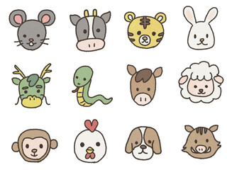 干支の動物12匹セット（十二支）｜手書き・クレヨンタッチのかわいい年賀状・お正月素材